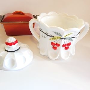 RARE WESTMORELAND MILK GLASS Red Cherries Biscuit Cookie Jar - Kitchen
